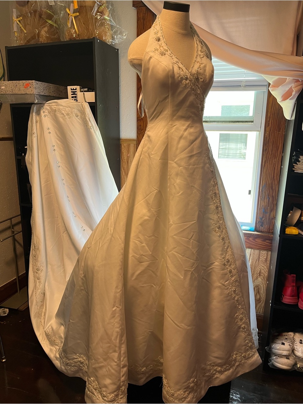 Ivory Halter Satin Wedding Gown with Beaded Trim